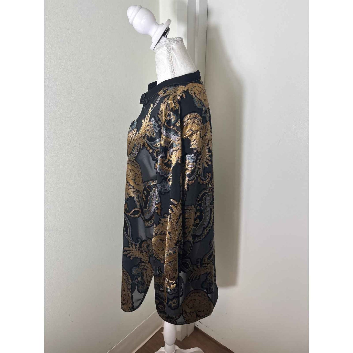 Lafayette 148 Black with Gold Paisly Sheer Blouse Sz L