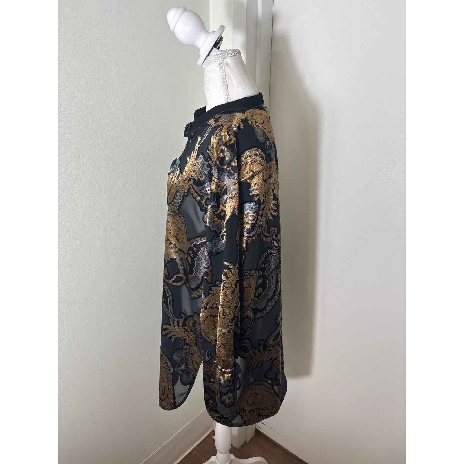 Lafayette 148 Black with Gold Paisly Sheer Blouse Sz L