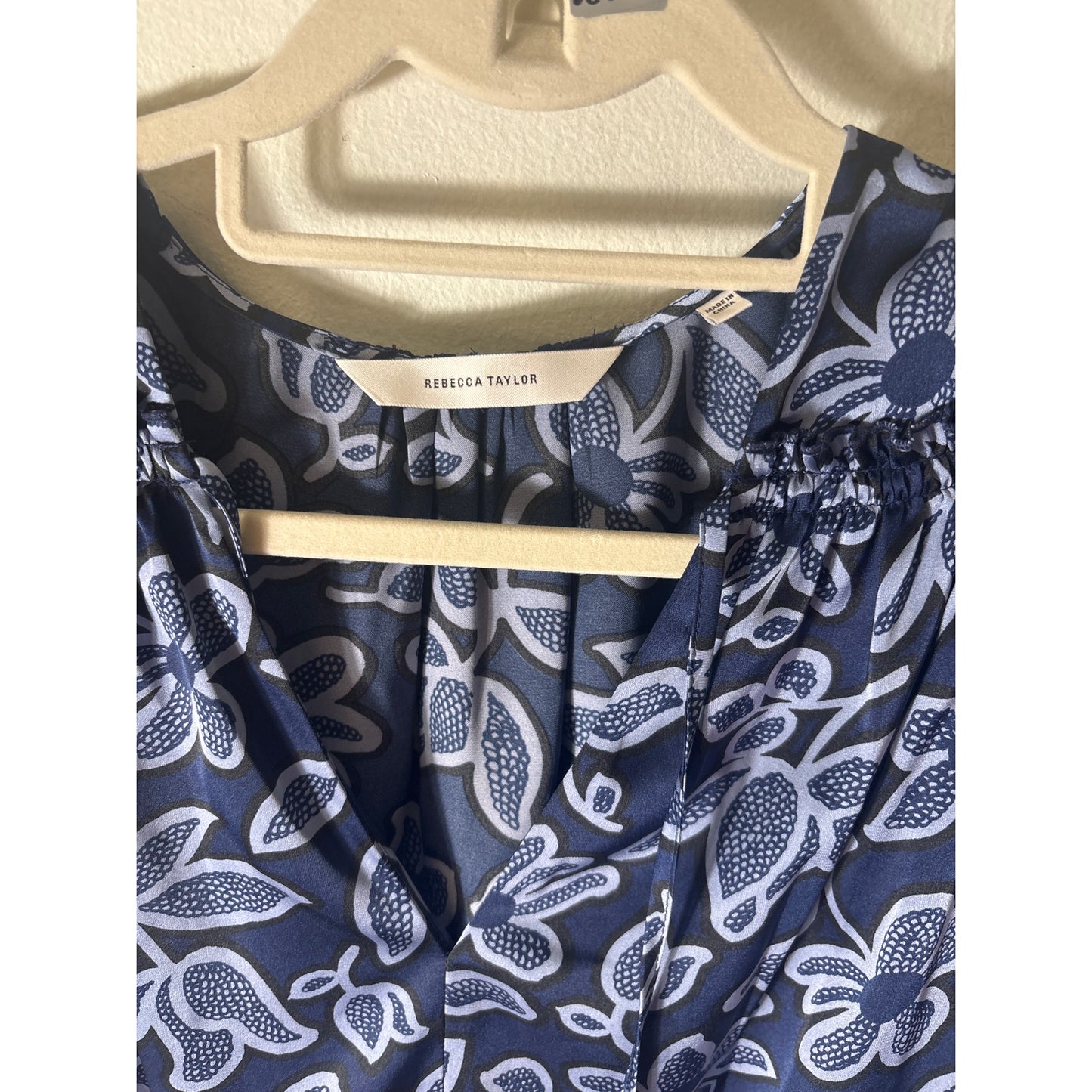 Rebecca Taylor Navy Floral Long Sleeve V-Neck Shirt Sz S