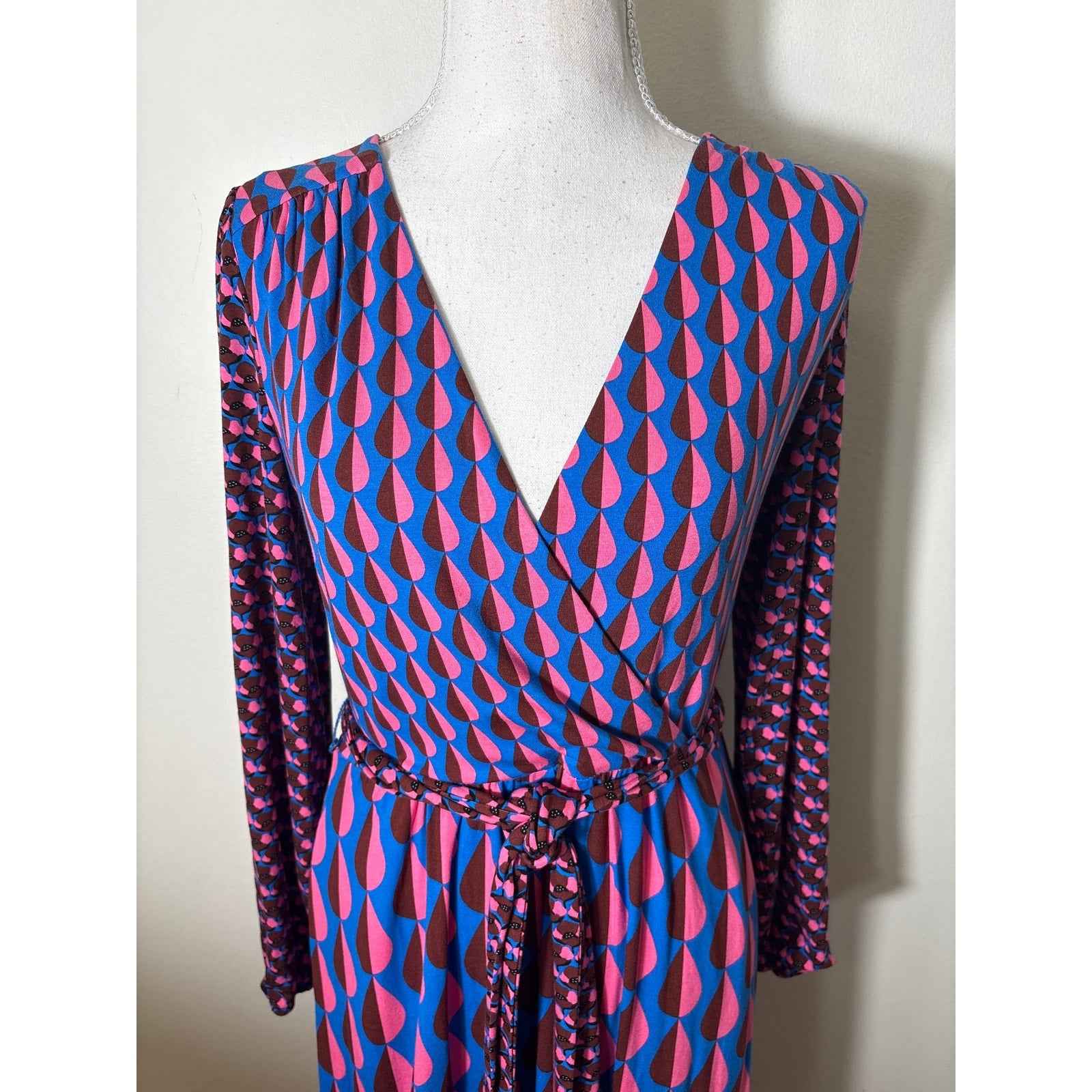 Boden Pink and Blue Mix Print Long Sleeve Faux Wrap "Ophelia" Dress Sz 6