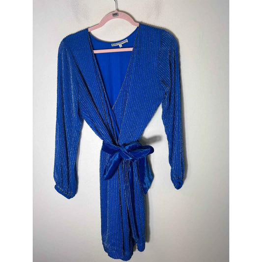 Karina Grimaldi Bright Blue Long Sleeve Knee Length Faux Wrap Dress Sz S