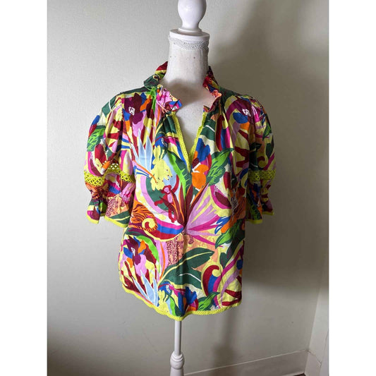 Alden Adair Multi Color Ruffle Trimmed Top Sz M