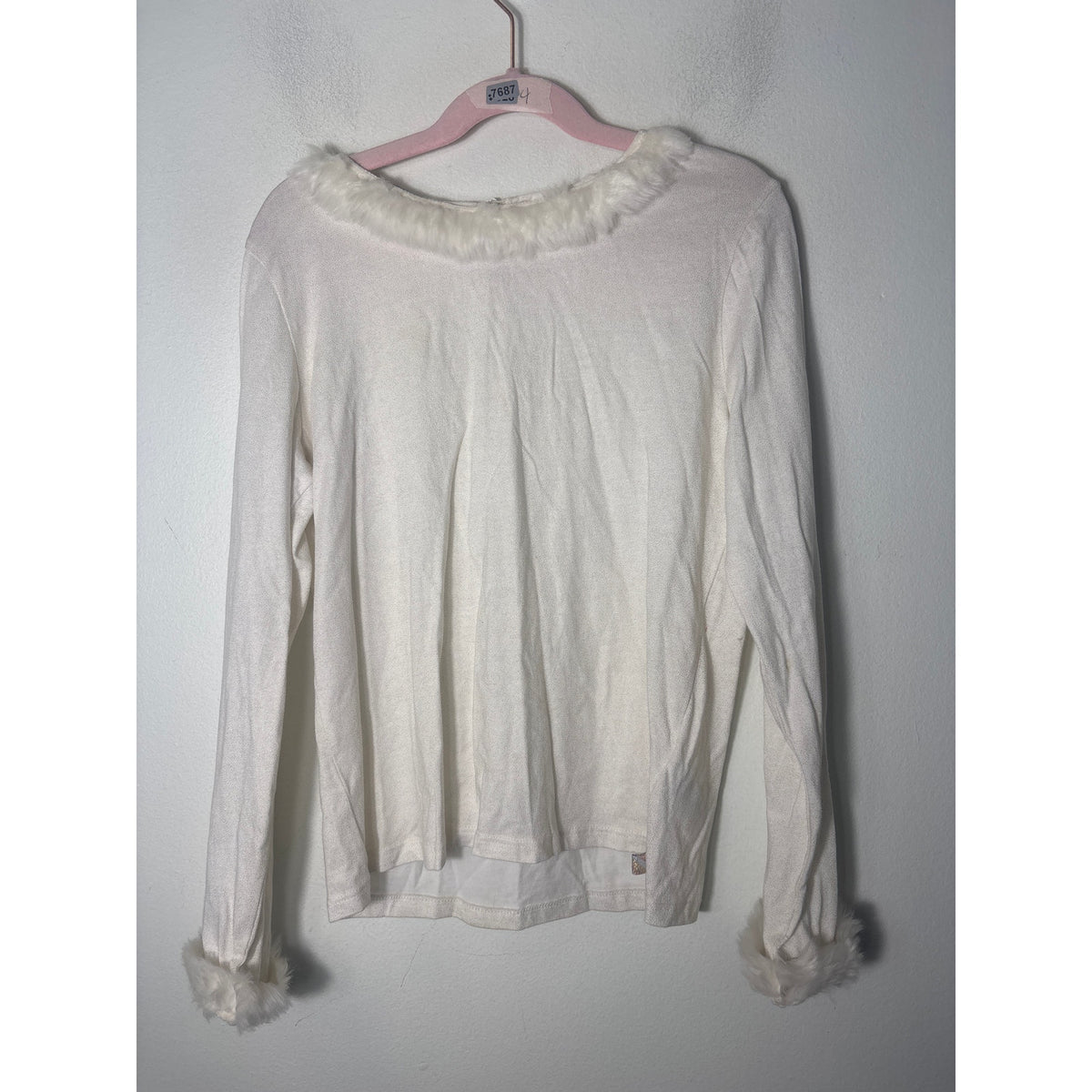 Girls Billie Blush Off White Fur Trimmed Long Sleeve Shirt Sz 10