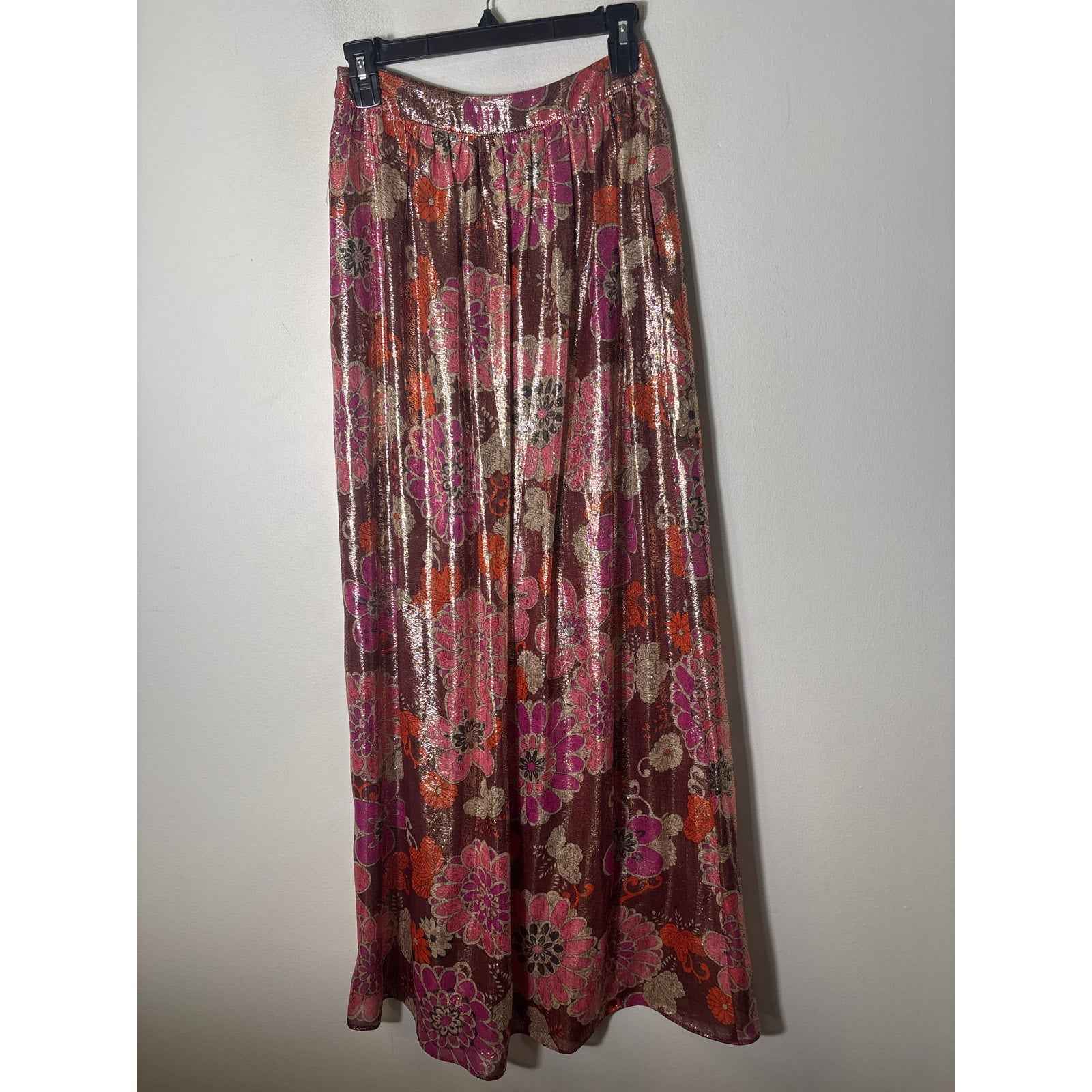 Trina Turk Gold Magenta Floral Flowy Maxi Skirt Sz 0