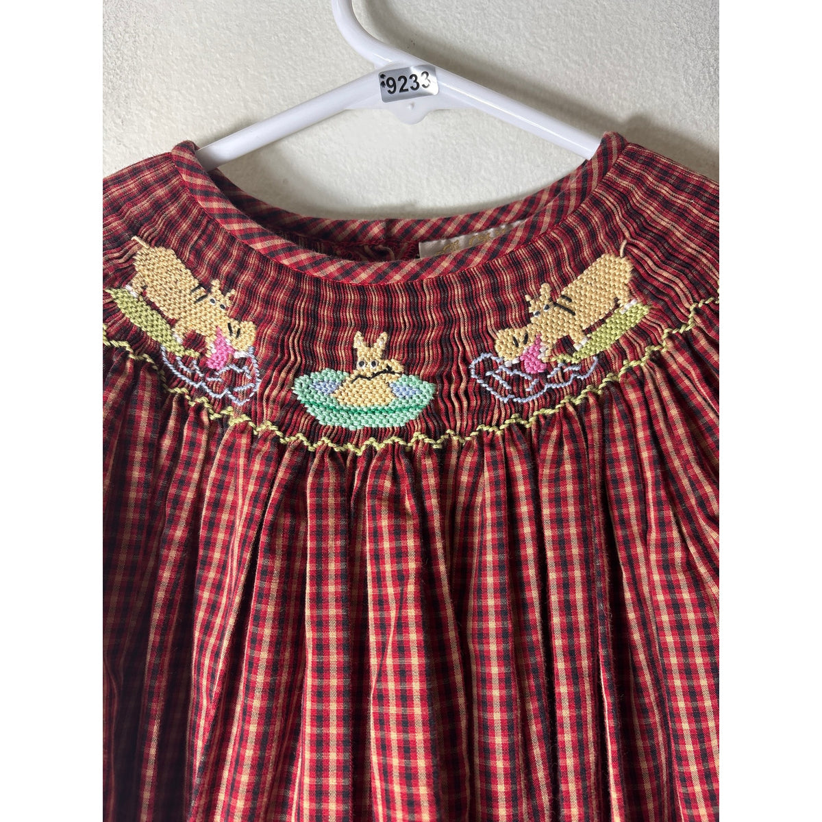 Girls Vintage Alennys Red,Black&Tan Plaid Smocked Hippo Dress Sz 6x