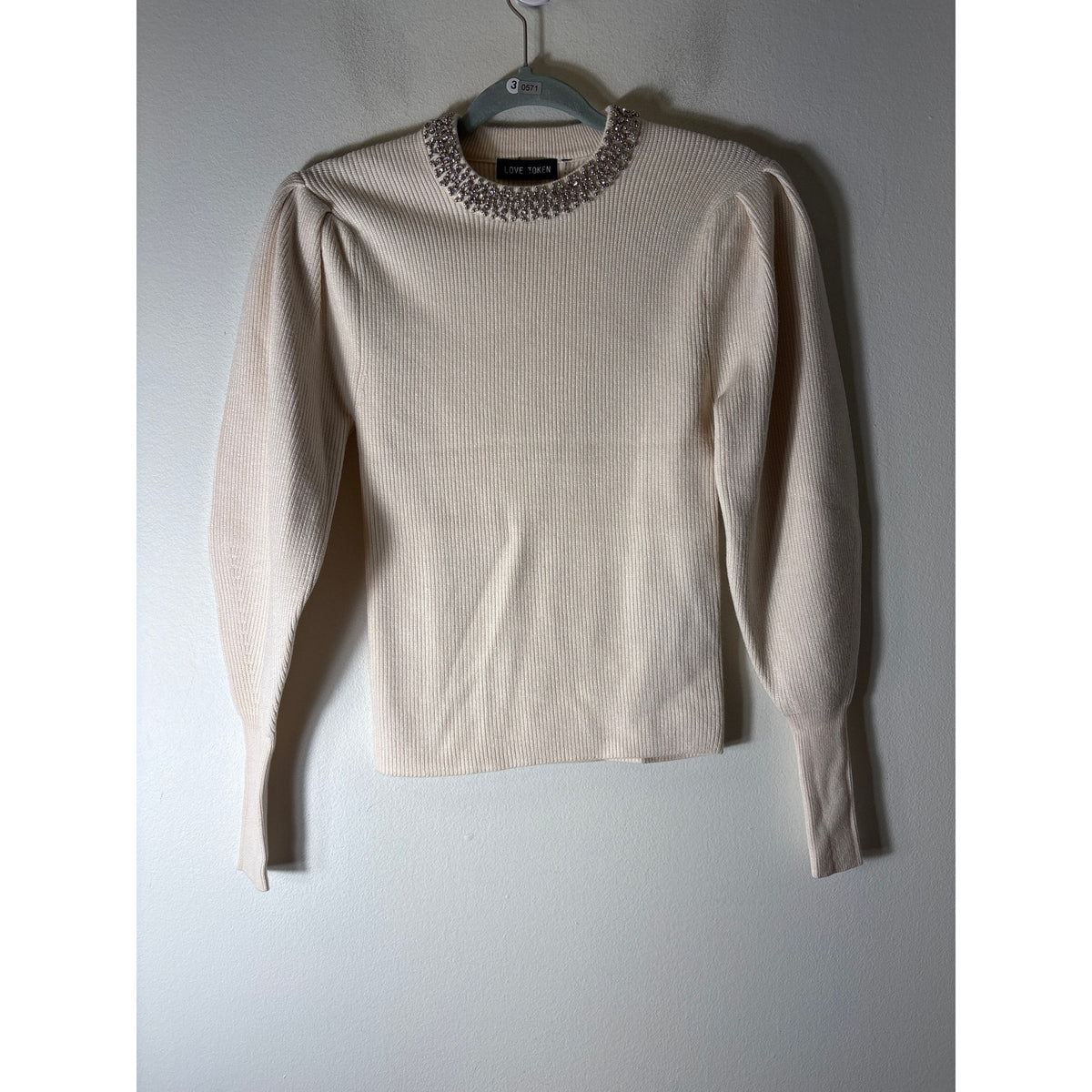 Love Token Cream Ribbed Jewel Trimmed Neckline Sweater Sz S