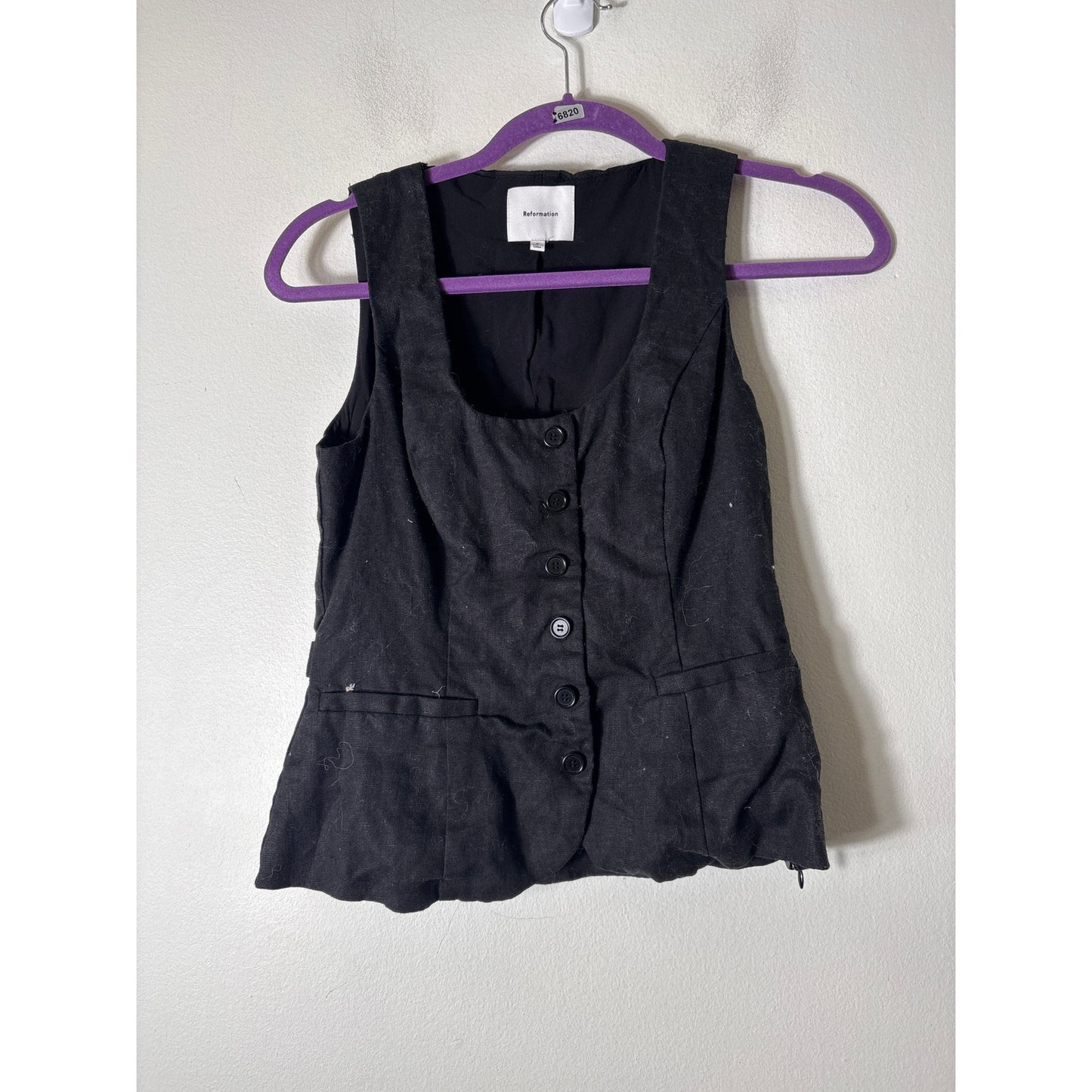 Reformation Black Linen Sleeveless Button Up Vest Sz 6