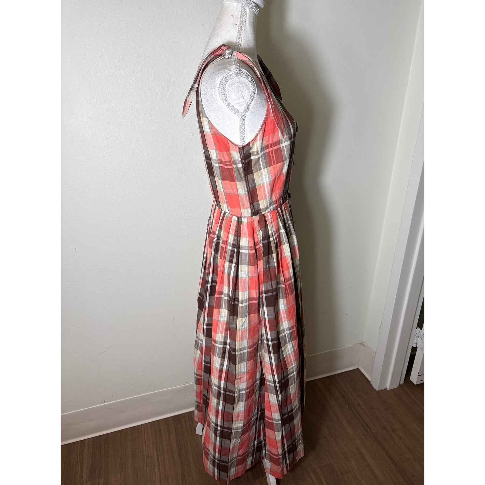 Buru Coral and Brown Plaid Tie Shoulder Maxi Dress Sz S