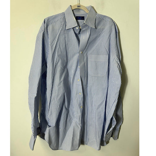 Men's Tom James Blue and White Pin Stripe Button Down Long Sleeve Shirt Sz 18-36/37