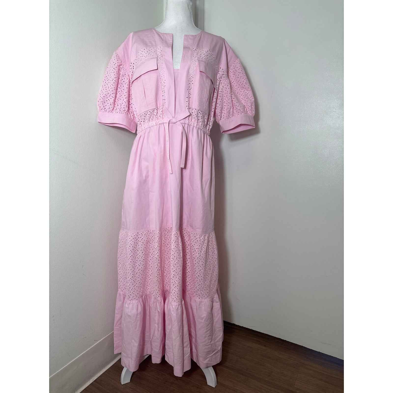 Derek Lam IO Crosby Pink Short Sleeve Eyelet Cotton Maxi Dress Sz 10