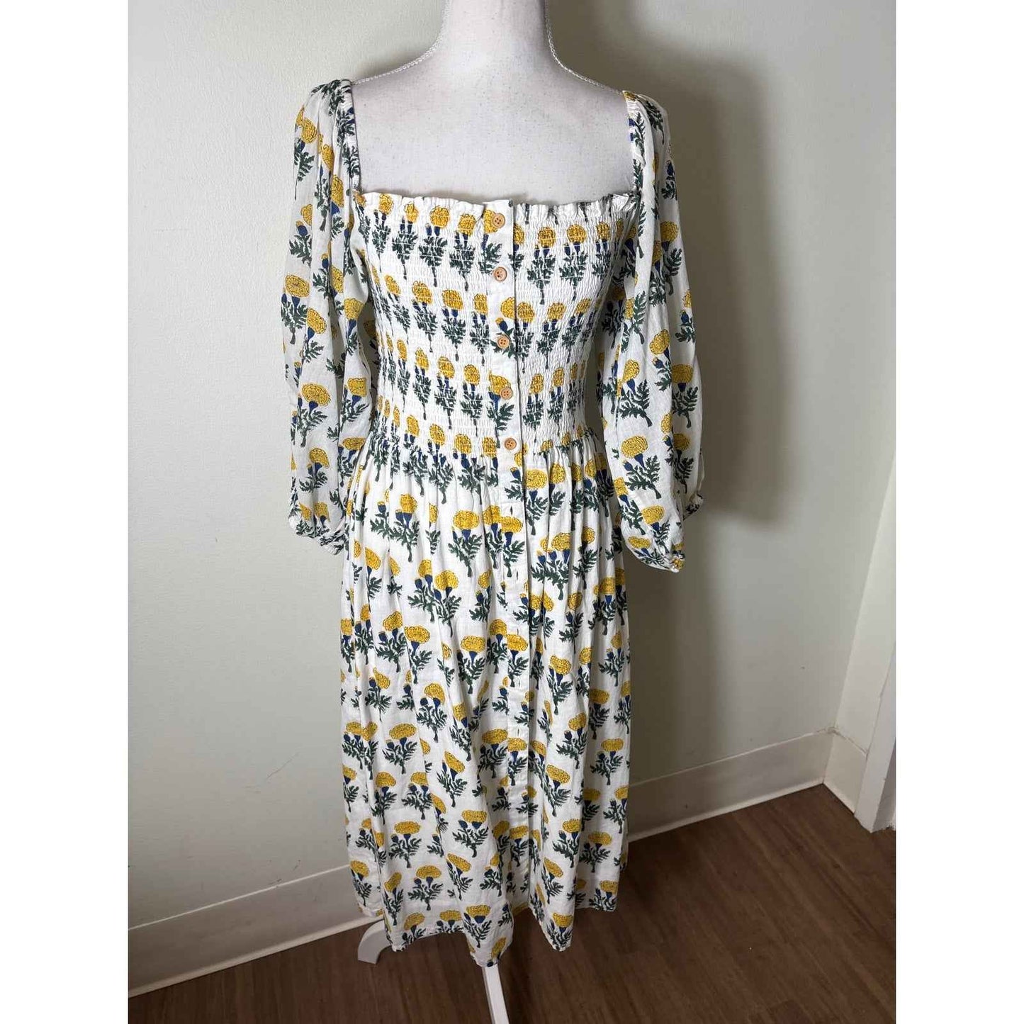 India Collection Yellow and Blue on White Floral Block Print Midi Dress Sz M/L