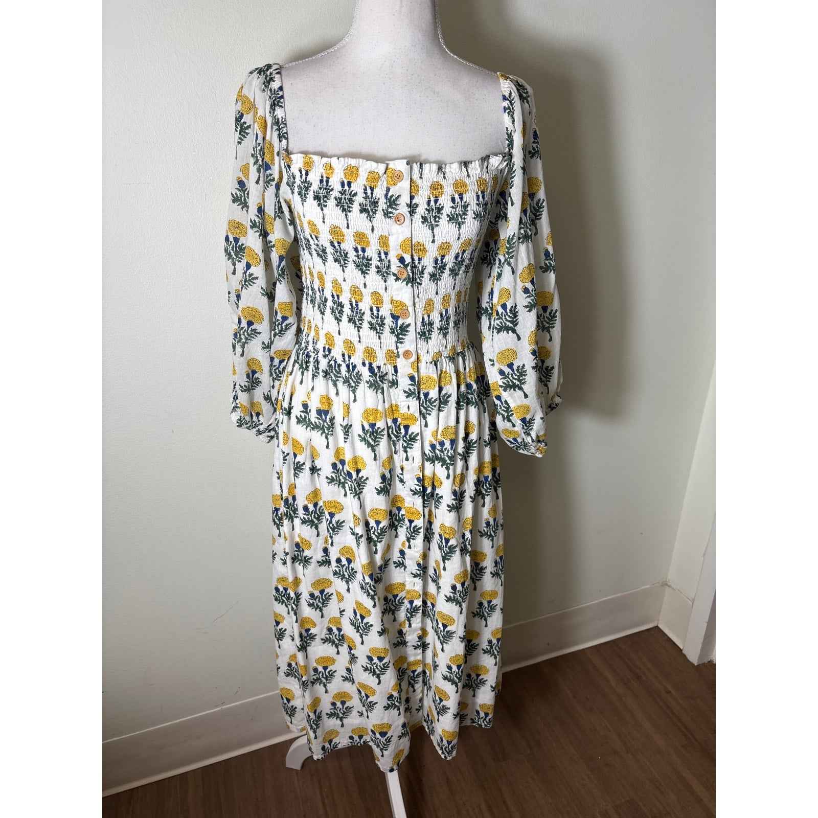 India Collection Yellow and Blue on White Floral Block Print Midi Dress Sz M/L
