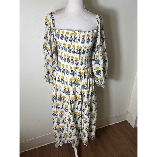India Collection Yellow and Blue on White Floral Block Print Midi Dress Sz M/L