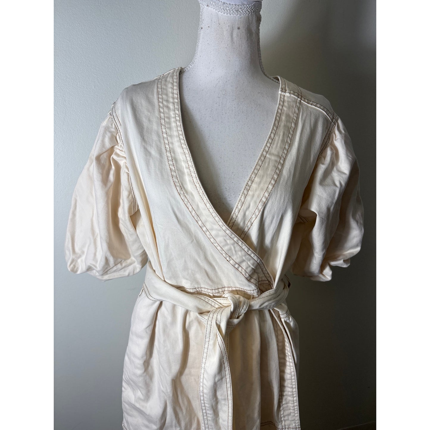 Marie Oliver Cream Denim Puff Sleeve Wrap Maxi Dress Sz L