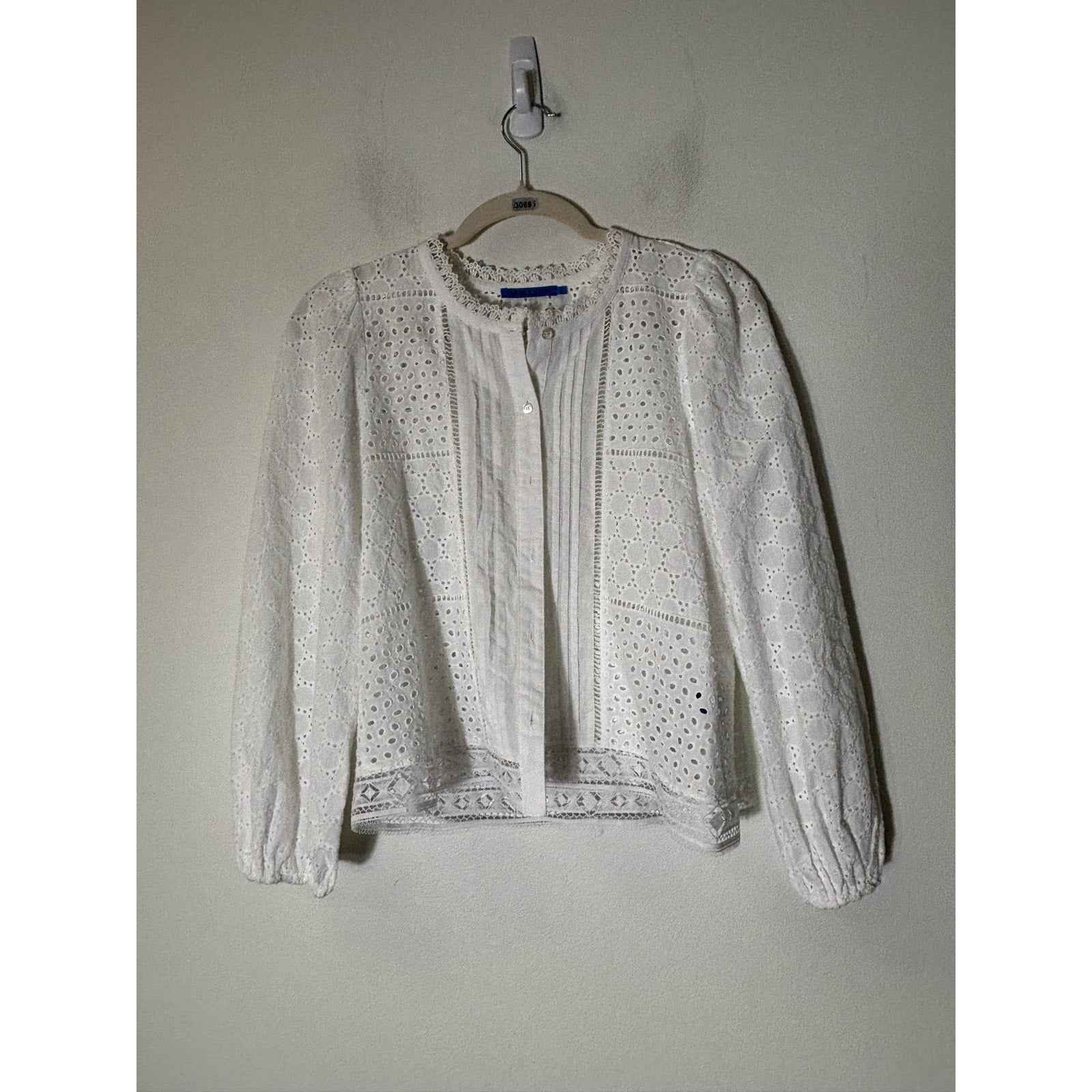 J. McLaughlin White Eyelet Long Sleeve Button Up Cotton Shirt Sz XS