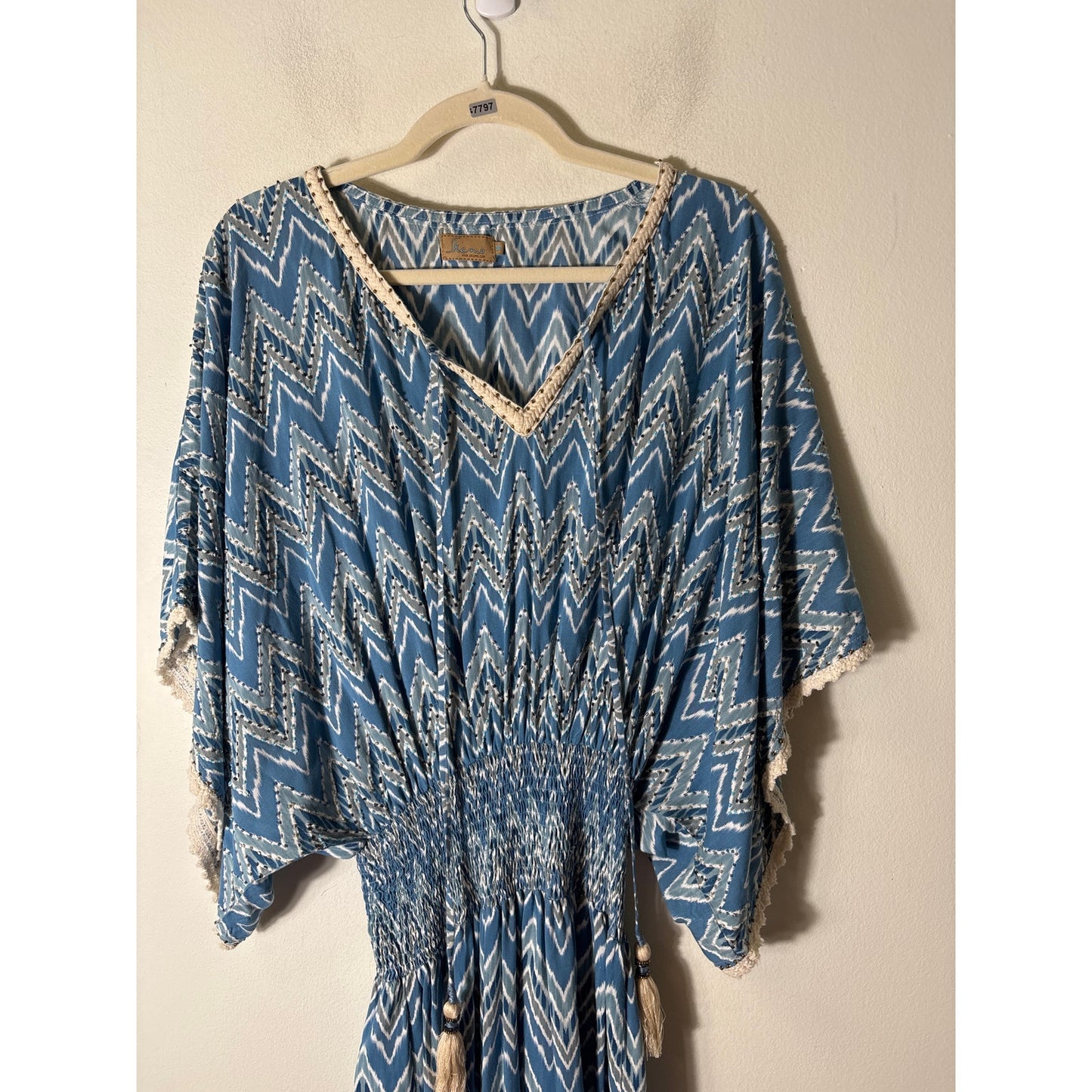 Skemo Blue Ikat Print Beaded Maxi Dress Sz M