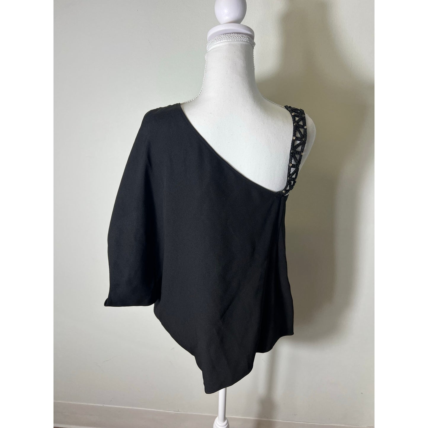 Ramy Brook Black Cocktail Beaded One Shoulder Asymmetrical Top Sz M
