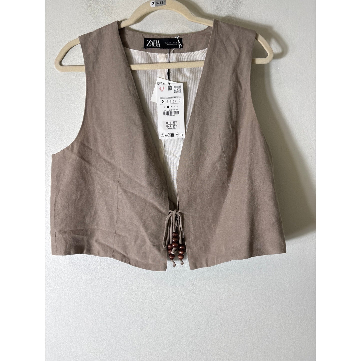 NWT Zara Khaki Linen Front Tie Vest Sz S