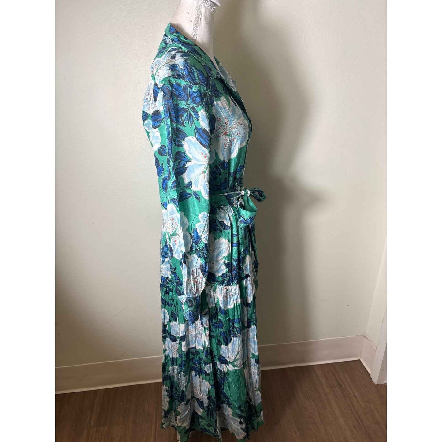Roller Rabbit Green and Blue Floral Long Sleeve Maxi Dress Sz XS