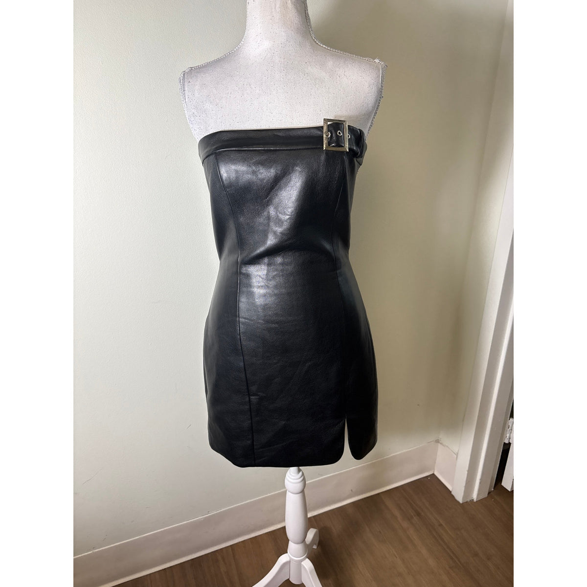Amanda Uprichard Black Faux Leather Buckle Mini Dress Sz S
