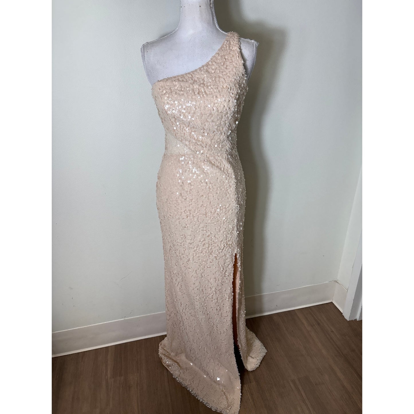 Jay Godfrey Peach Sequin Mesh Side Cutouts One Shoulder Column Gown Sz 2