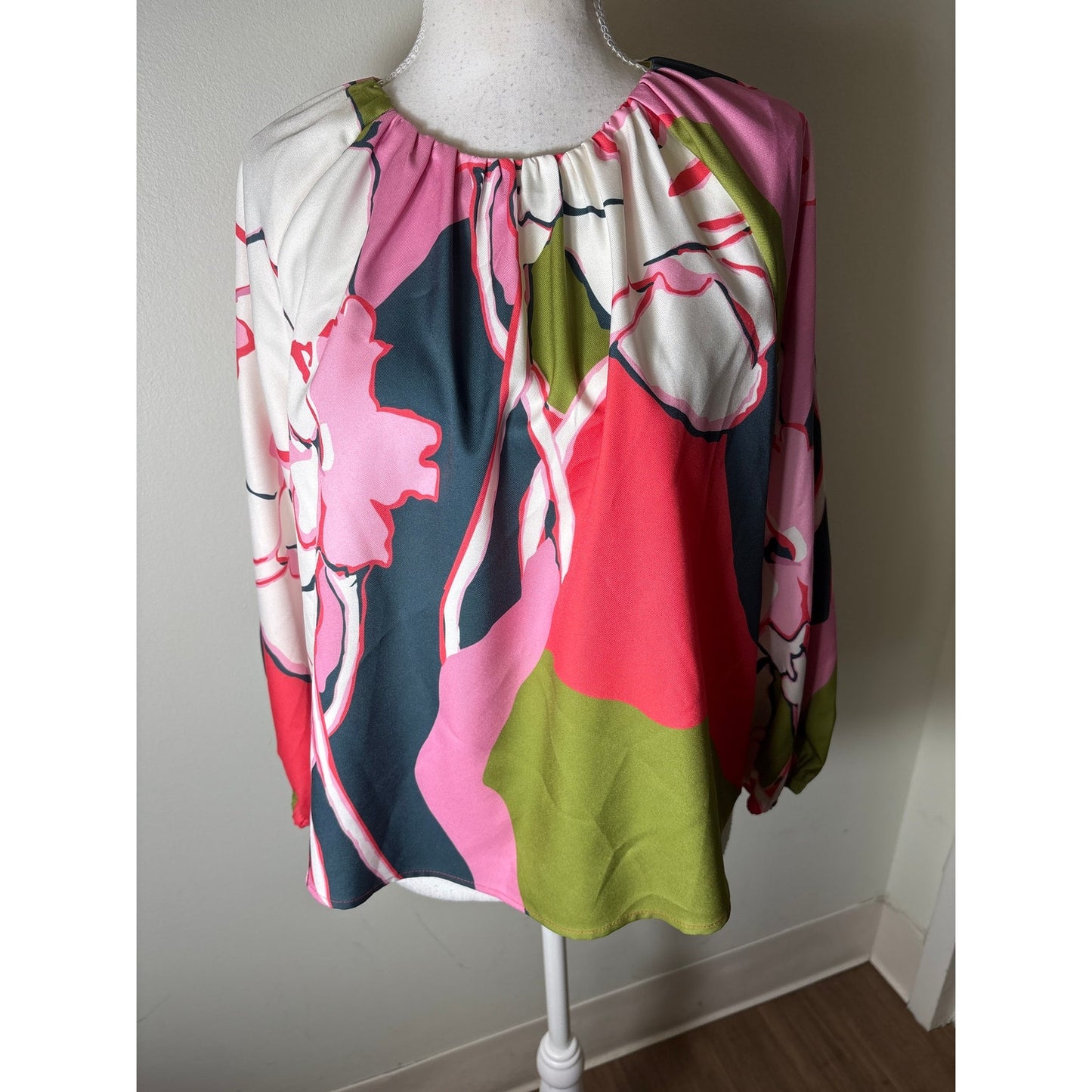 Crosby Pink and Greeen Pull Sleeve Blouse Sz XS