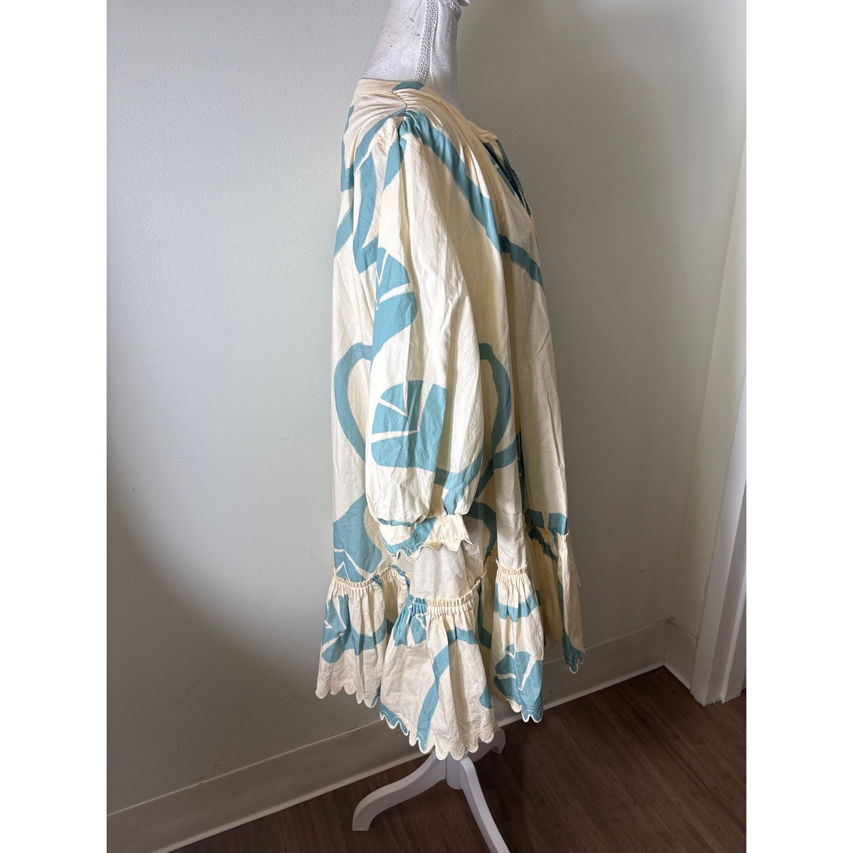 Agua Bendita Teal and Cream Colonial Geometria Dress Sz L