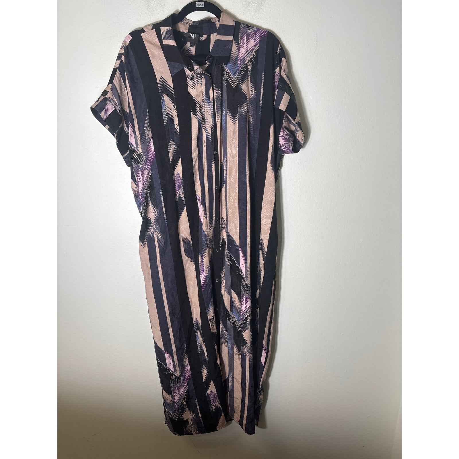 Nu Denmark Blue Tan Short Sleeve Snap Up Maxi Dress Sz L