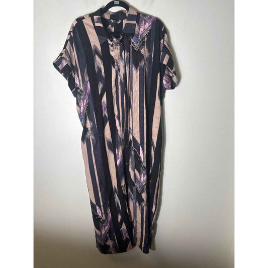 Nu Denmark Blue Tan Short Sleeve Snap Up Maxi Dress Sz L