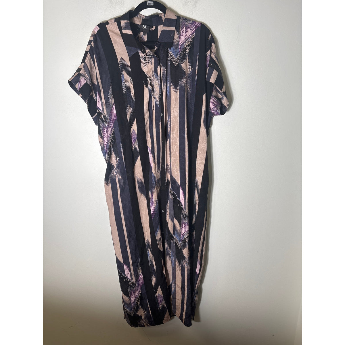Nu Denmark Blue Tan Short Sleeve Snap Up Maxi Dress Sz L