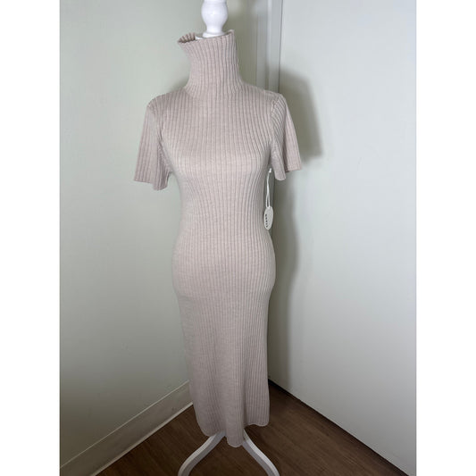 NWT Staud Beige Short Sleeve Mock Neck Ribbed Sweater "lilou" Dress Sz M