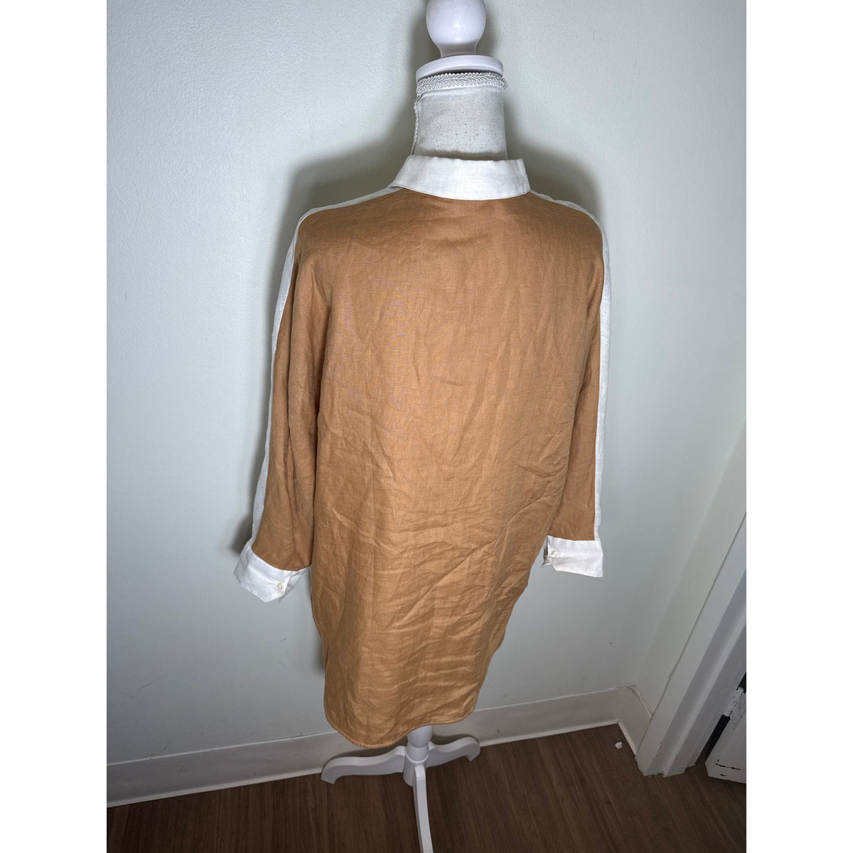 Vilagallo Off White Brown Long Sleeve Linen Button Up Long Sleeve Shirt Sz 44
