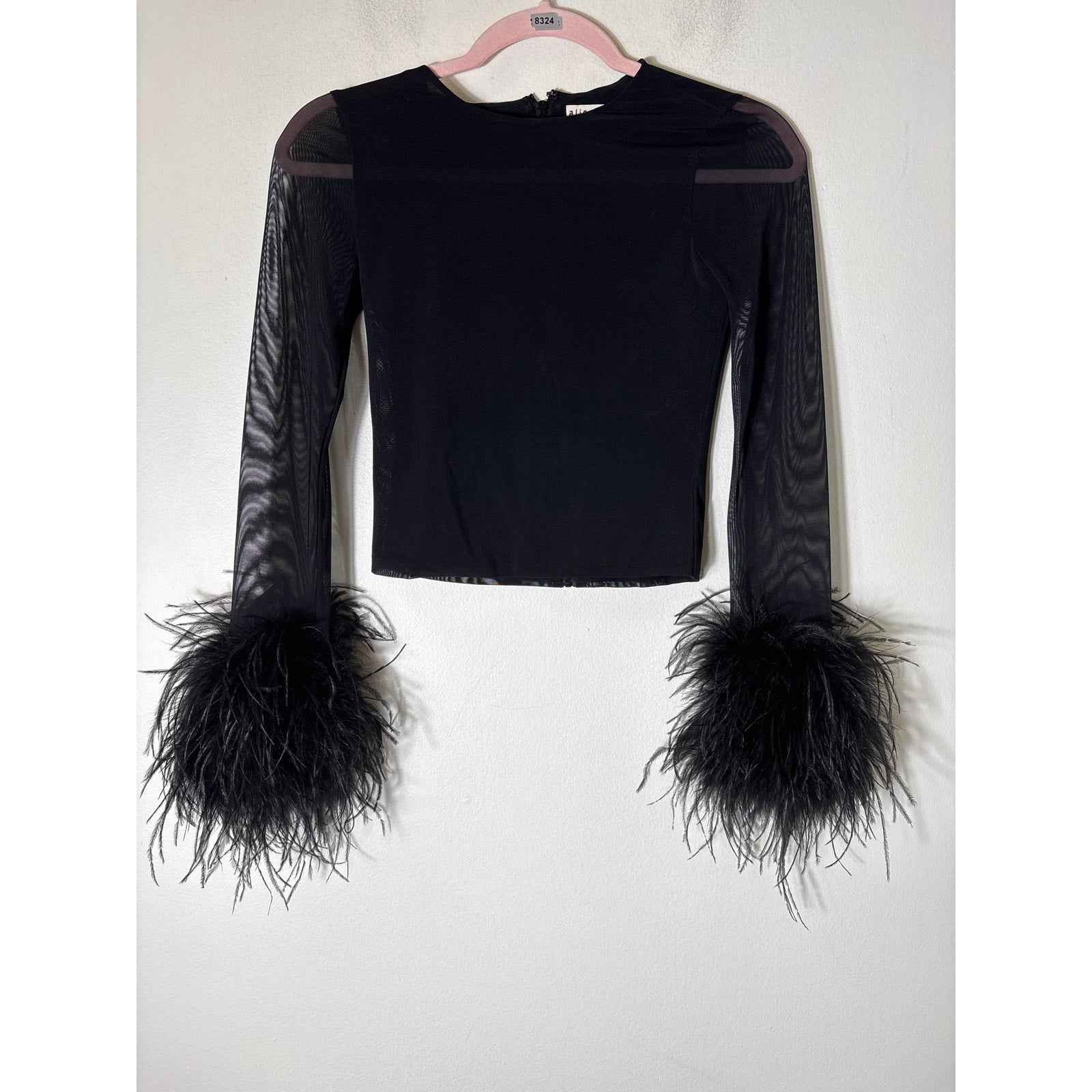 Alice + Olivia Black Mesh Long Sleeve Feather Cuff Shirt Sz XS
