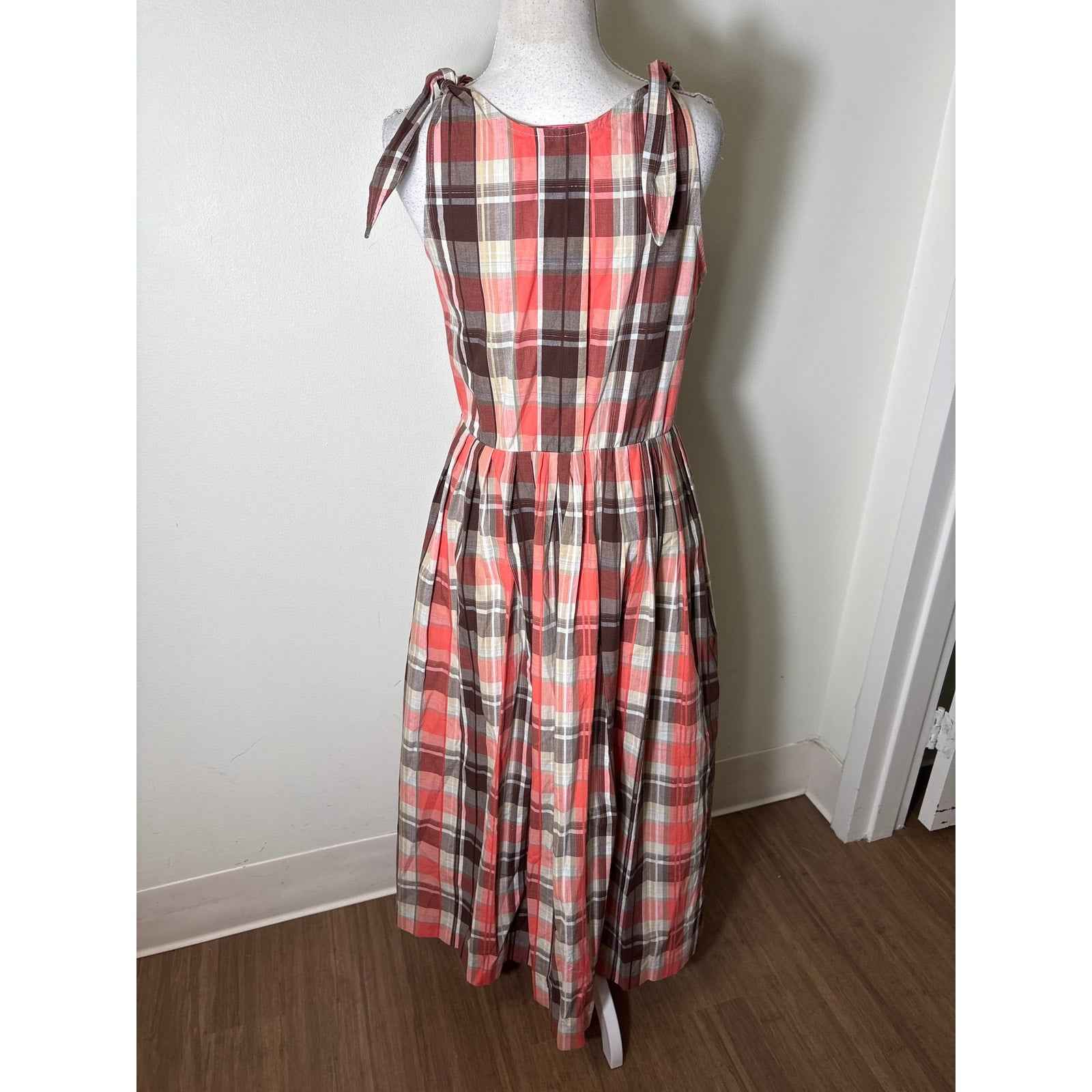Buru Coral and Brown Plaid Tie Shoulder Maxi Dress Sz S