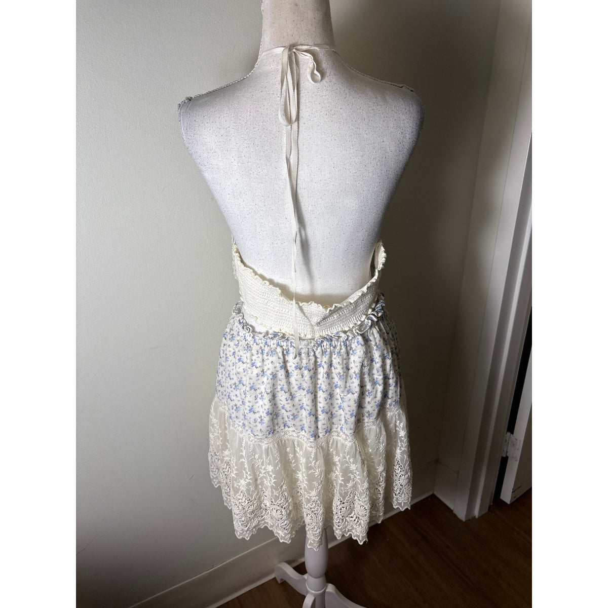 Love Shack Fancy Blue Floral Side Backless Cotton Dress Sz M