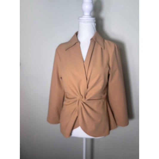 NWT Cinq a Sept Caramel Long Sleeve V-Neck Collared Twist Top Sz M