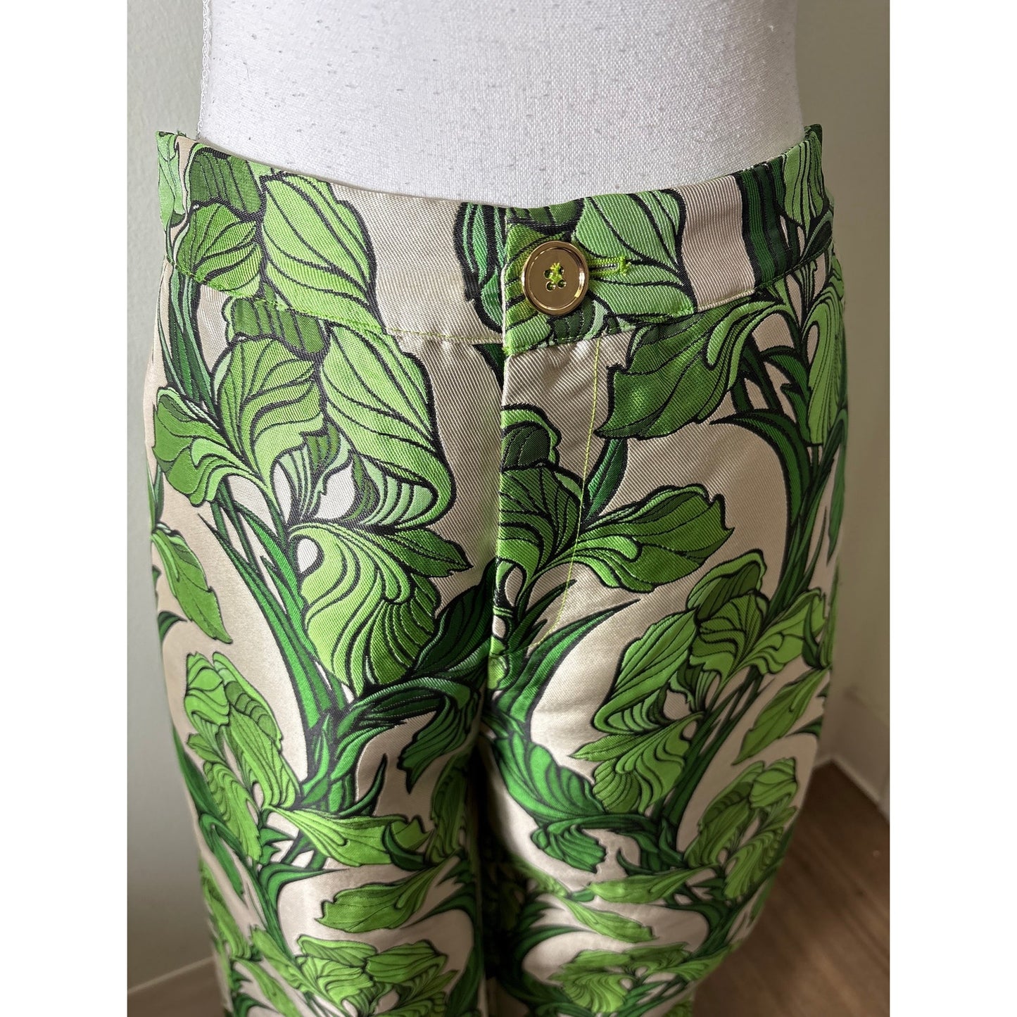 Buru Green and Beige Jacquard Leaf Vine Pant Sz S