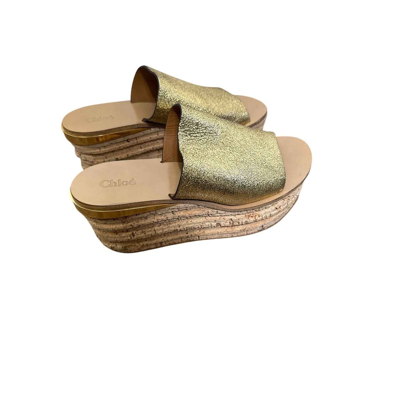 Chloe Cork Wedge Gold Sandal Sz 39.5