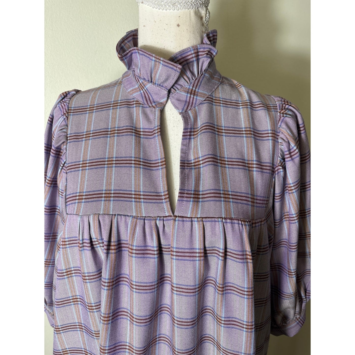 Jade Puprle Plaid Ruffle Neckline Mini Dress Sz XS