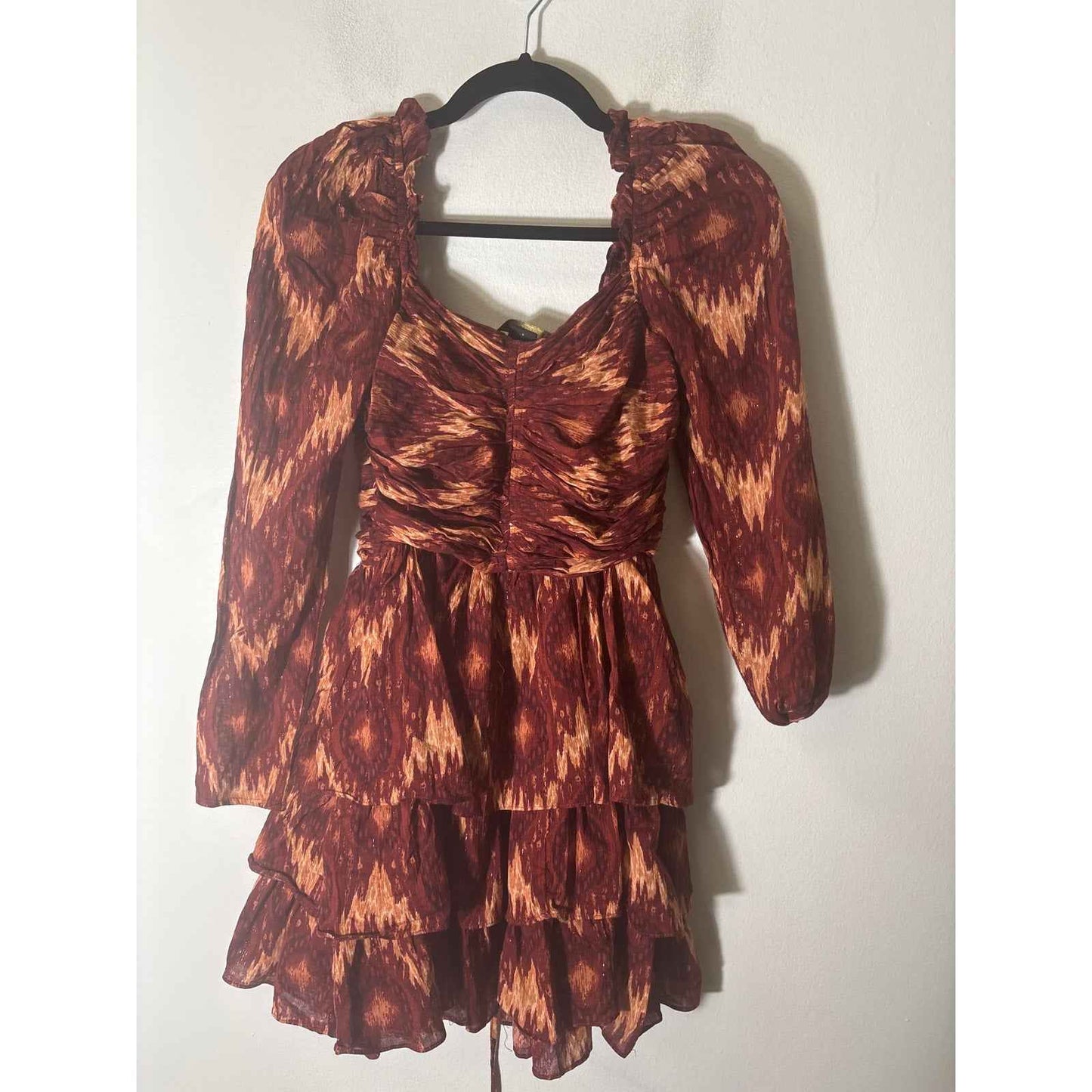 House of Harlow Burgandy Ikat  Copper Thread Ruffled Dress Sz XS