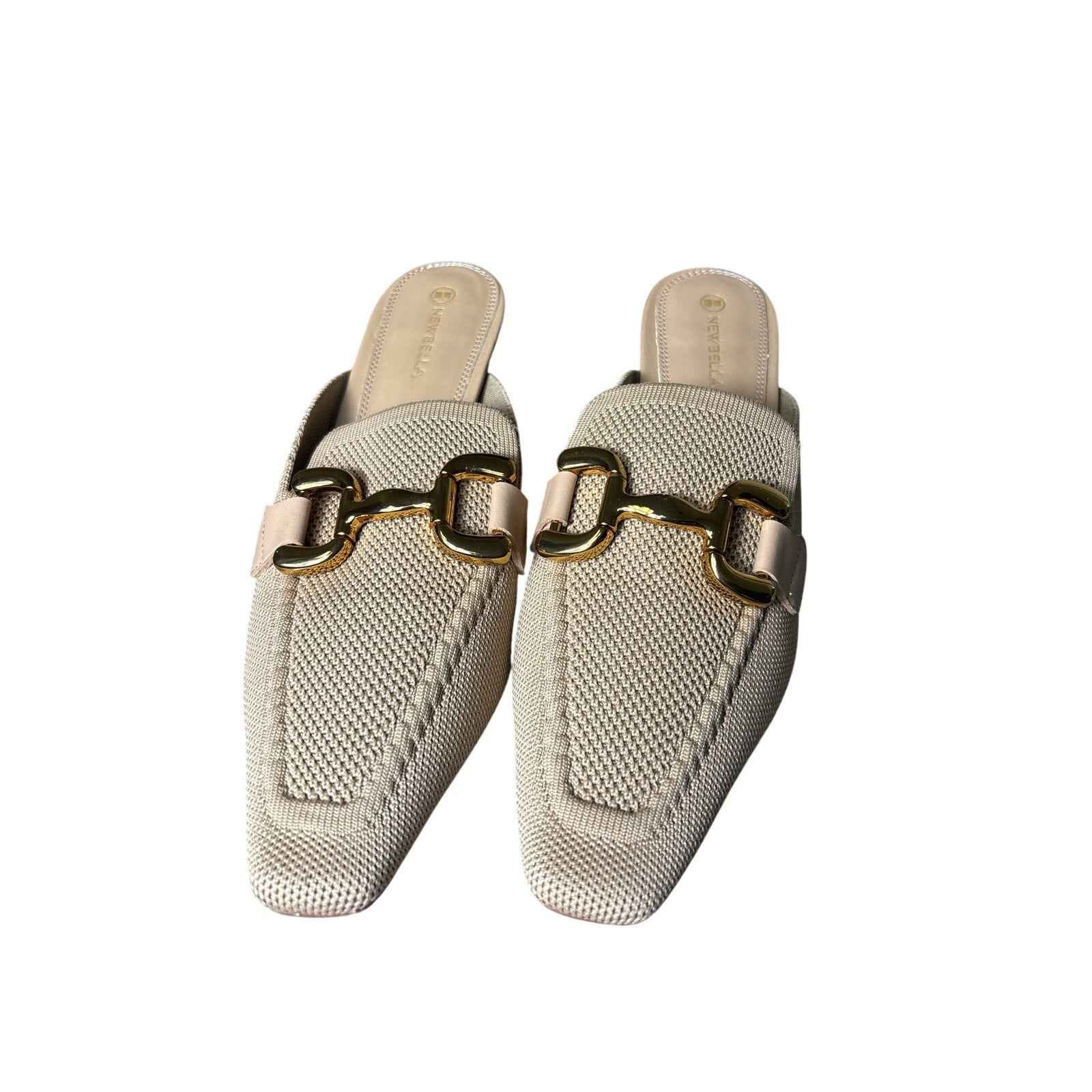 Newbella Tan Canvas Horsebit Kitten Heel Mule Sz 7.5