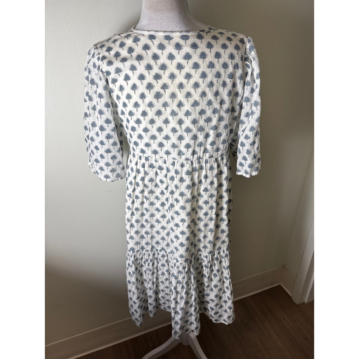 Emerson Fry / India Collection Blue and Cream Palm Block Print Tiered Dress Sz XS/S