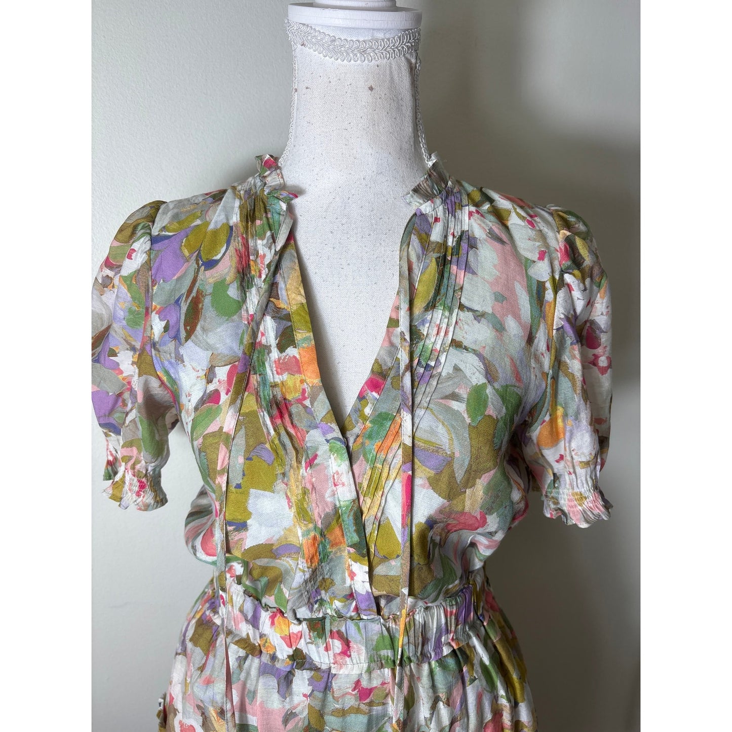 Meet Me In Santorina Pastel Floral Short Puff Sleeve Faux Wrap Mini Dress Sz S