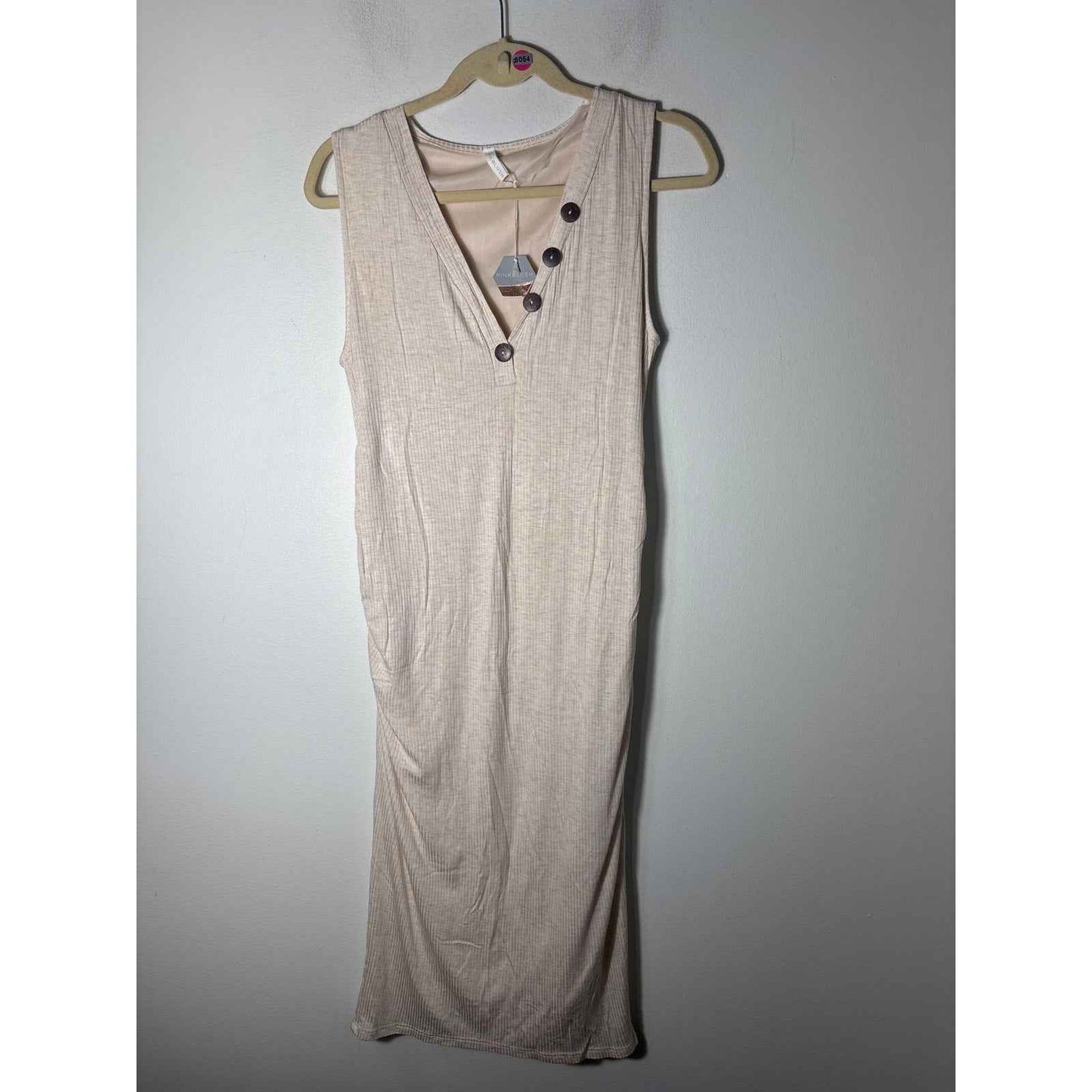 NWT Pink Blush Maternity Cream Ribbed V Neck Midi Dress Sz L