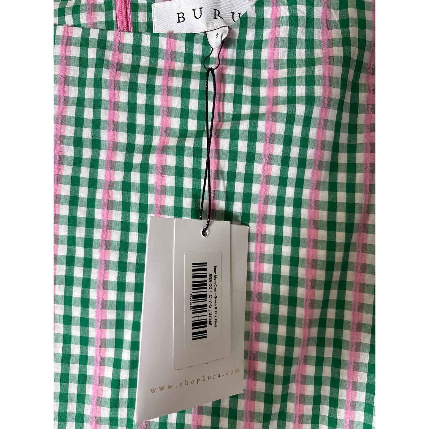 NWT Buru Green and Pink Plaid "Boxy Mom Crop" Sz S