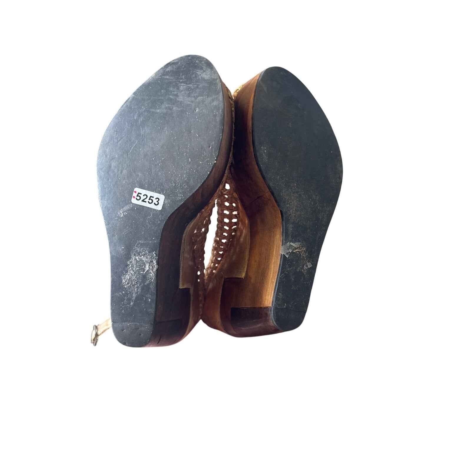 Beditsu Brown Woven Leather Wooden Wedges Sz 9.5