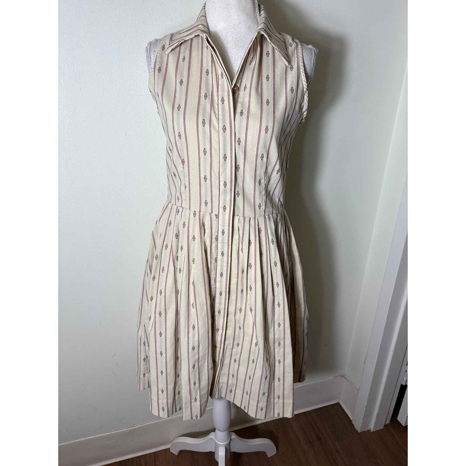 Buru Off White Crimson Sleeveless Cotton Knee Length Dress Sz S