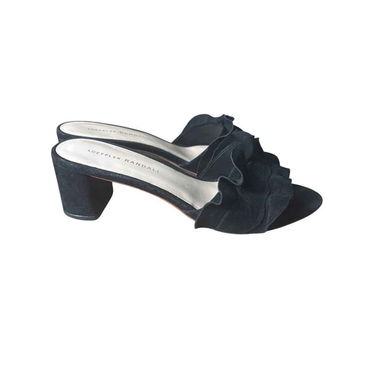 Loeffler Randal Black Suede Ruffle Slip On Sandal Sz 8