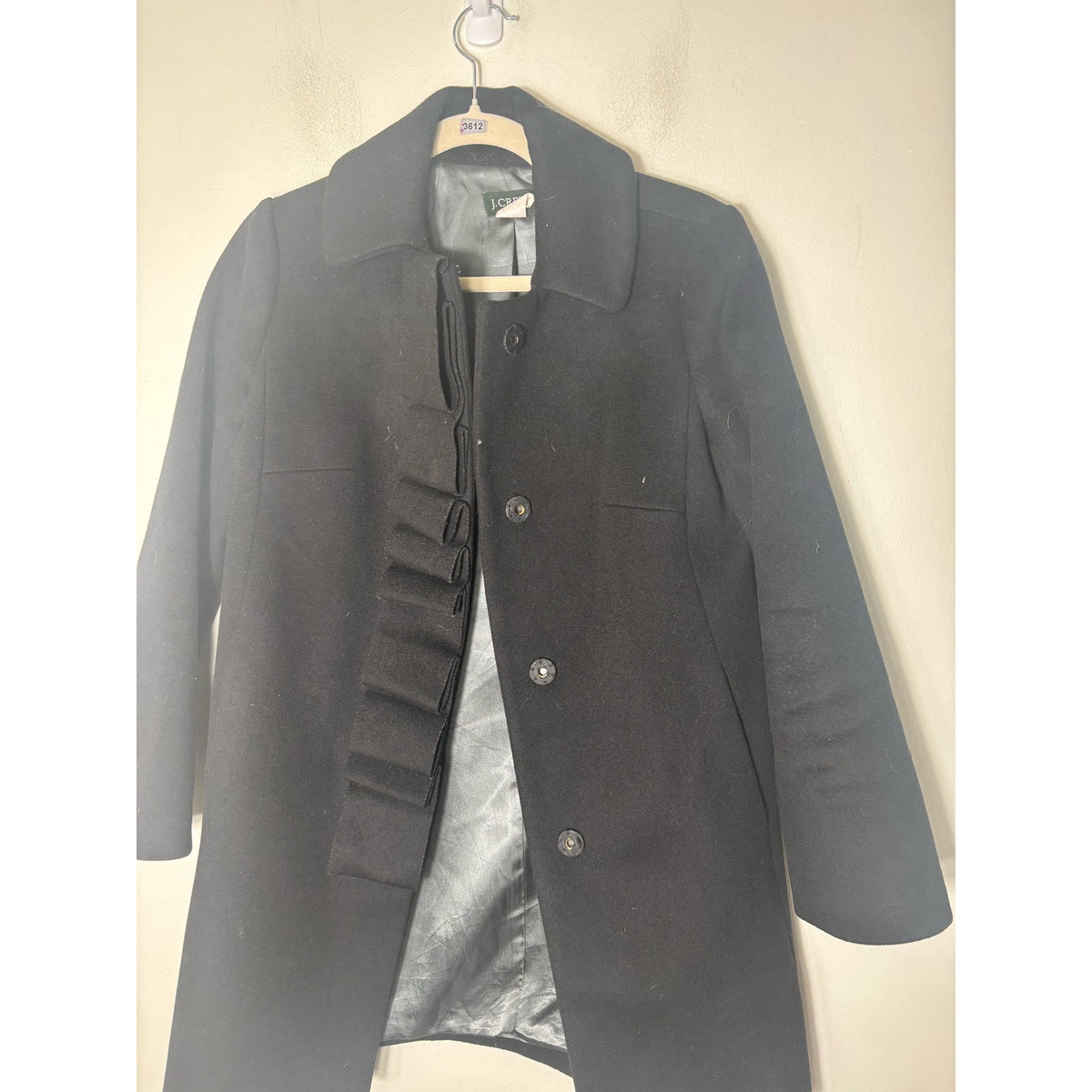 J. Crew Black Wool Long Sleeve Coat with Ruffle Front Sz 2 Petite