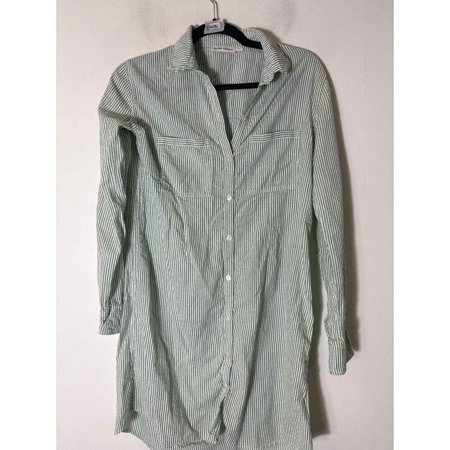 Roller Rabbit Green White Stripe Long Sleeve Button Up Dress  Sz S